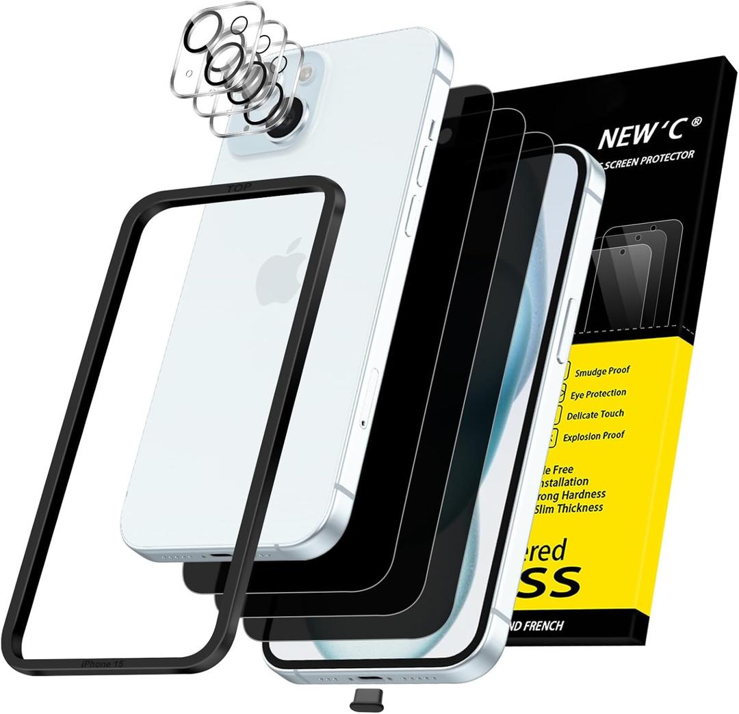 NEW'C 3X Privacy for iPhone 15 Screen Protector (6.1 inches)+ 3X Camera Lens Protector, Sensor Protection, Case Friendly Tempered Glass Film + Dust Plug - Easy Installation Tool Included | Sensor Protection, Case Friendly, Tempered Glass Film, Dust Plug