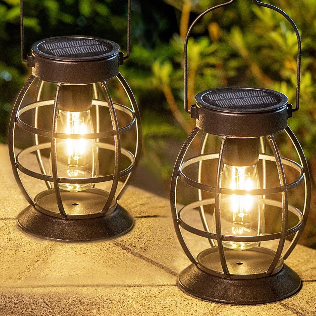 LeiDrail Solar Lantern Outdoor Hanging Solar Lights Metal LED Waterproof Christmas Lanterns Solar Powered Landscape Decor for Table Garden Yard Patio Pathway Porch,  2 Pack Retro Lantern
