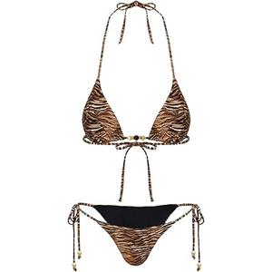Women's 2 Pieces Zebra Striped Bikini Set Halter Triangle Swimsuit Y2K Tie Side Bathing Suit M