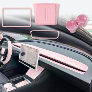 4PCS Silicone Center Console Accessories Kit for Tesla Center Console Mat Cup Holder Insert Screen Edge Protector Frame Mirror Frame Protectors (Pink Model Y Juniper)