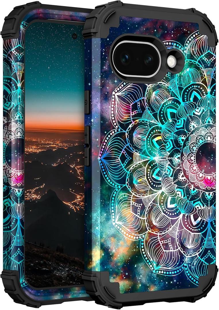 Hocase for Google Pixel 9a Case, Shockproof Heavy Duty Protection Hard Plastic+Silicone Rubber Bumper Hybrid Protective Case for Google Pixel 9a 6.3" 2025 - Mandala in Galaxy