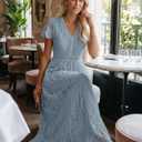 MEROKEETY Women's 2026 V Neck Short Sleeve Floral Lace Wedding Dress A Line Boho Bridesmaid Cocktail Party Maxi Dress (Blue, S)