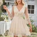 Florboom Women's Summer Boho Lace Patchwork Mini Dresses Deep V Neck Somcked Back Dress- Vacation, Wedding Guest (Beige, XL)