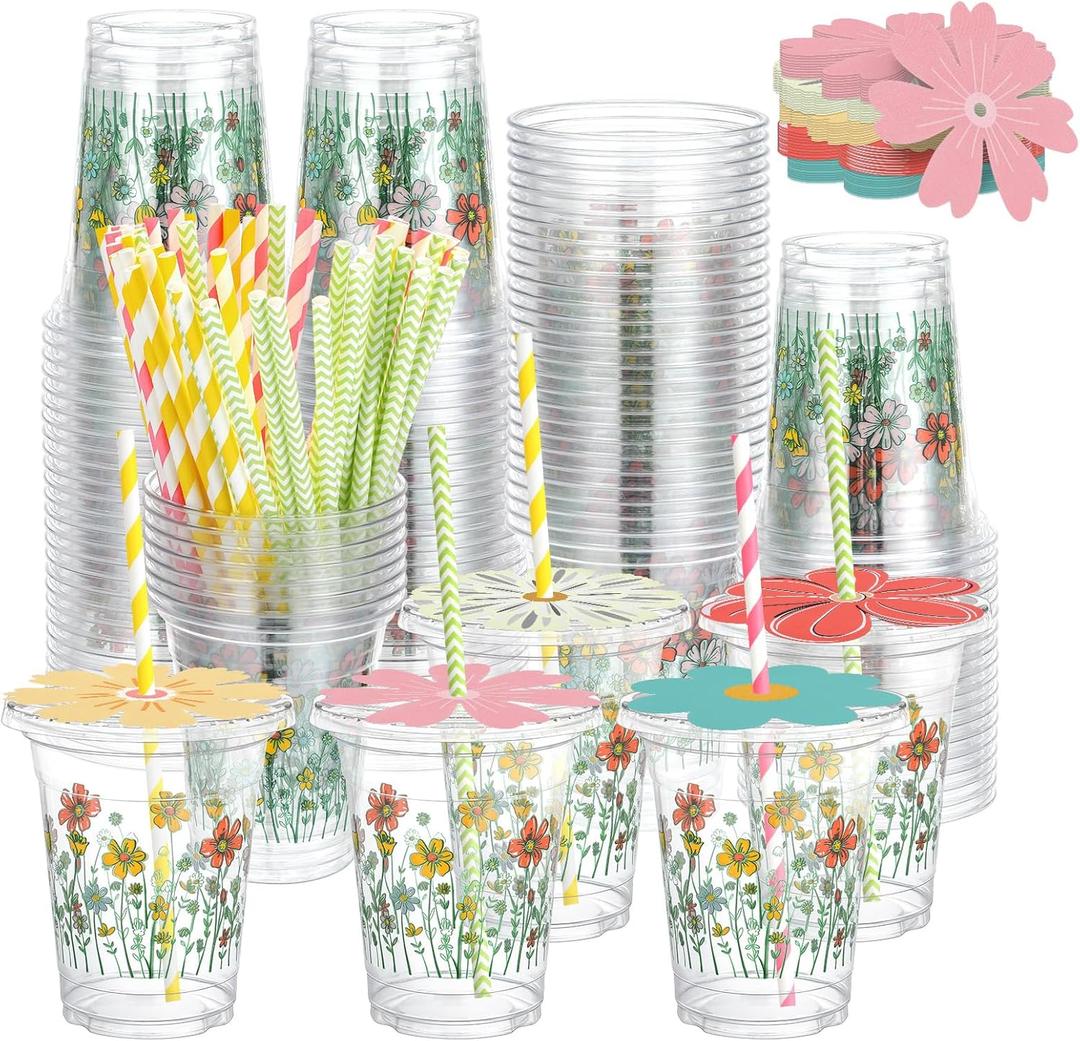 50 Sets 12oz Wildflower Disposable Plastic Cups with Lids and Flower Designed Straws Spring Floral Cold Beverage Drinking Cups for Spring Summer Wedding Birthday Bridal Baby Shower Party