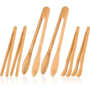 Zopeal 6 Pcs Wooden Kitchen Tongs Long Bamboo Kitchen Bamboo Toaster Cooking Tongs for Picking Up Cheese Bacon Toast Cake Fruits Bread