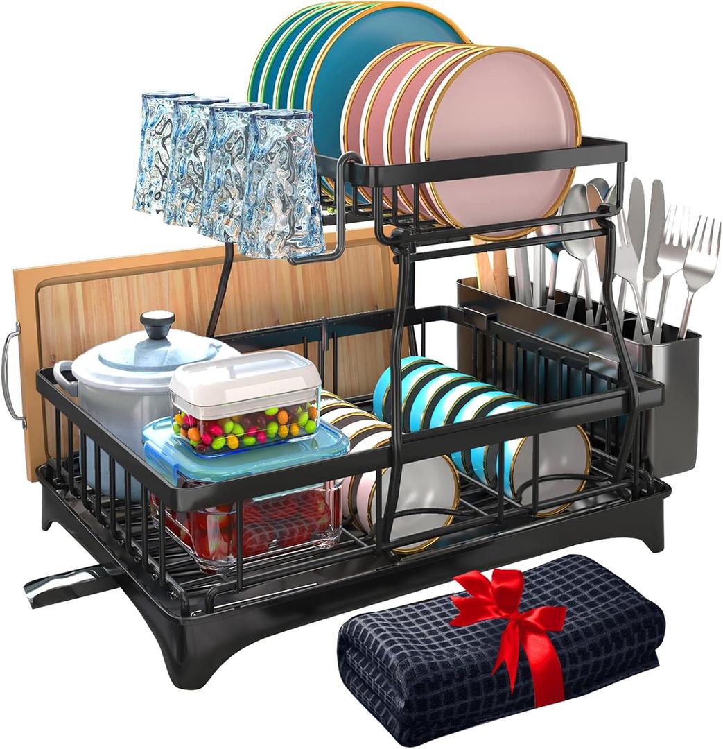 Godboat Dish Drying Rack, 2-Tier Dish Racks for Kitchen Counter, Dish Rack with Drainboard & Mat, Dish Drainer with Knife, Fork & Cup Rack, Gifts for Women, Mothers Day, Cool Stuff & Kitchen Gadgets (X-Large)
