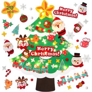 2 x 3Ft DIY Felt Christmas Tree for Kids, 29pcs Detachable Ornaments Toddler Wall Hanging Christmas Tree with String Light (Batteries not Included) (Small, Three Layers of Snow Edge)