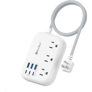 Short Extension Cord 2 Foot- 6 USB(3 USB C) Travel Power Strip with 24W USB Charging Station and 3 Outlets, 2ft Small Flat Plug Extension Cord Surge Protector for Travel Home College Dorm 13A
