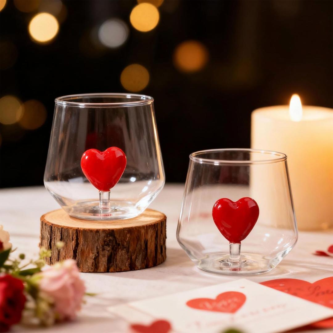 2 Pcs Valentine Stemless Wine Glasses Galentine 3D Heart Drinking Glass Cup 12oz Red Heart Wine Glasses Icon Juice Glass Clear Double Hand Blown Cocktail Glassware for Valentine Party Supplies