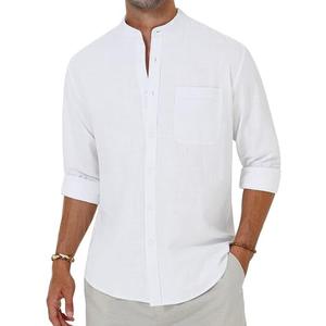 Alimens & Gentle Men's Cotton Linen Shirts Long Sleeve Button Down Shirt Band Collar Beach Shirts L