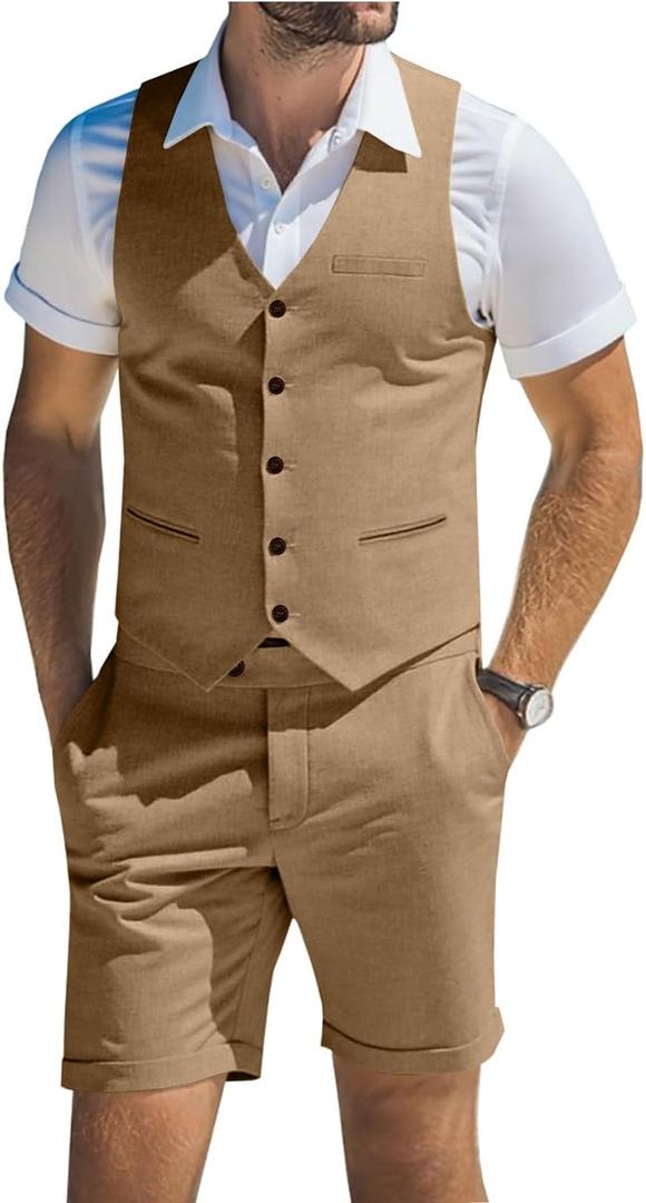 Men's Suit Linen 2 Piece Vests Short Pants Suits for Men Casual Summer Beach Groomsmen Wedding Waistcoat Set Outfit, L