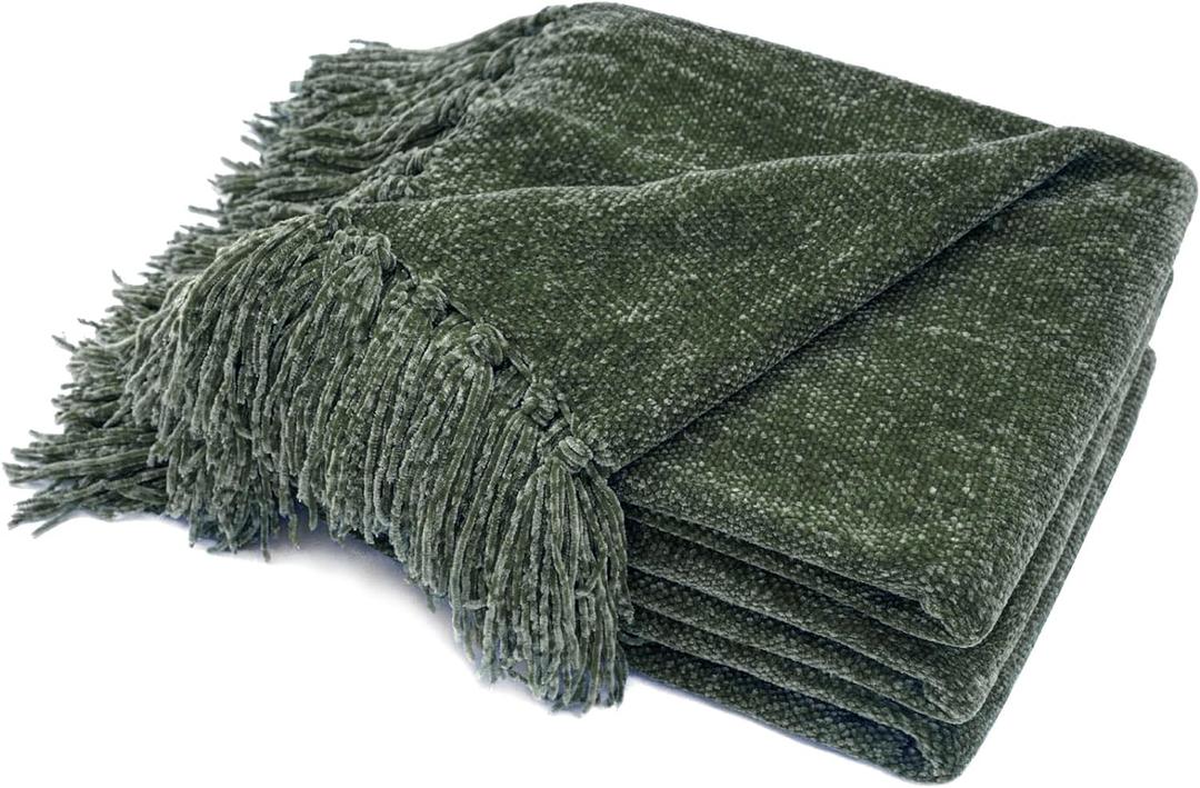 RECYCO Throw Blanket Soft Cozy Chenille Throw Blanket with Fringe Tassel for Couch Sofa Chair Bed Living Room Gift (Dark Green, 50" x 60")