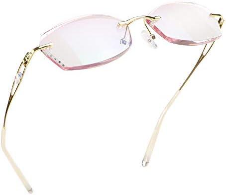 LifeArt Blue Light Blocking Glasses, Computer Reading Glasses, Anti Blue Rays, Reduce Eyestrain, Rimless Frame Tinted Lens with Diamond, Stylish for Women (+1.50 Magnification)