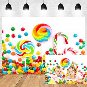 9x6ft Candy Birthday Backdrop Sweet Colorful Lollipop Cane Candy Photography Background Girls Boys Happy Birthday Party Newborn Baby Shower Banner Decorations Vinyl Video Shoot Props