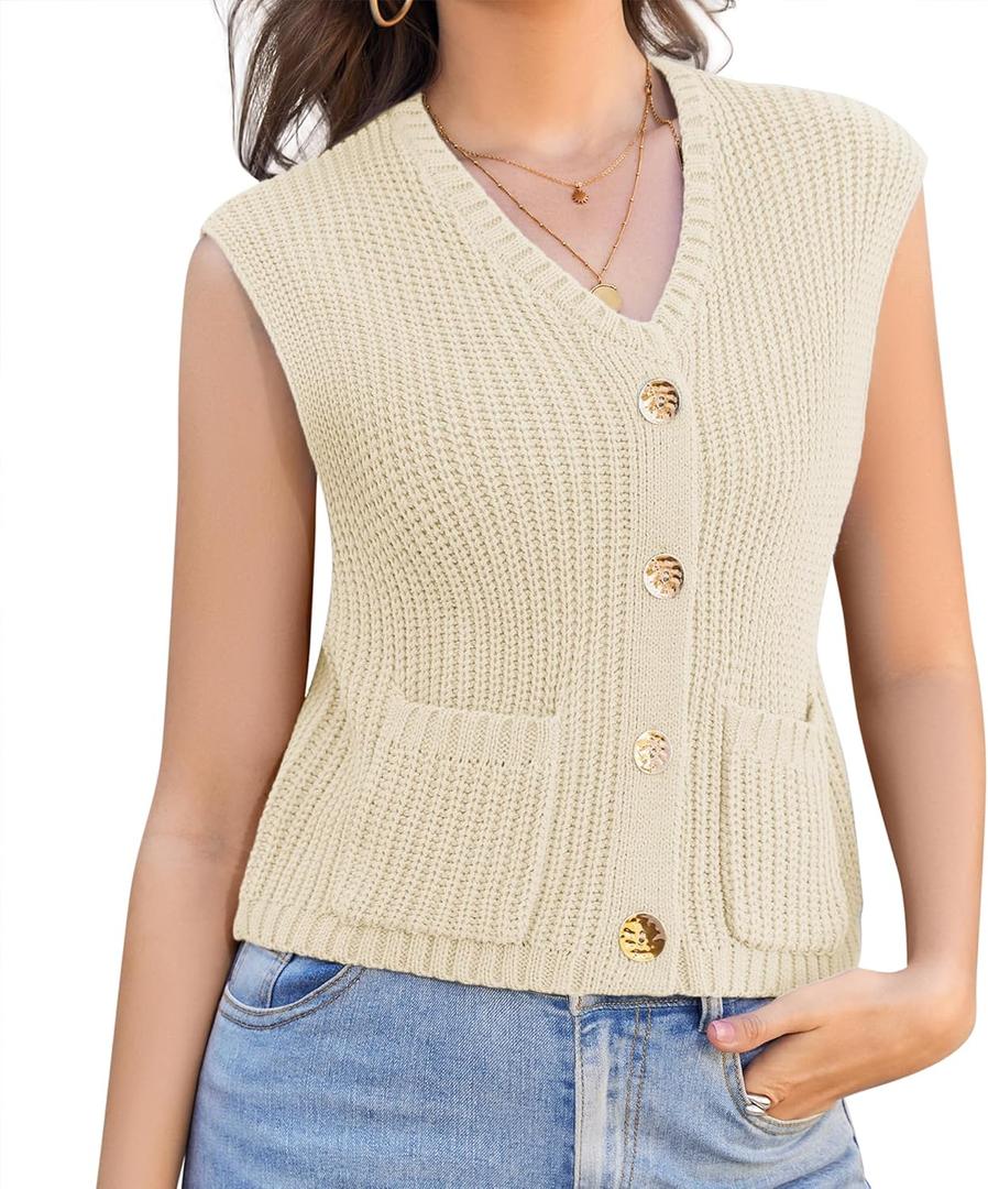 Womens Summer Crop Knit Sweater Vest Sleeveless Button Down Chunky Knit Vest Cardigan with Pockets (M)