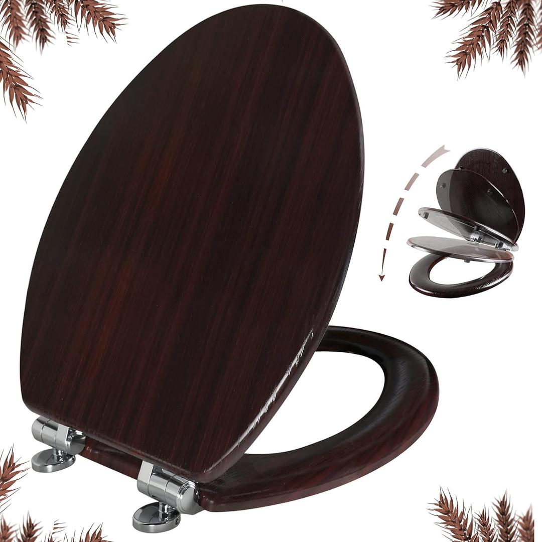 Elongated Toilet Seat Molded Wood Toilet Seat with Quietly Close and Quick Release Hinges, Easy to Install also Easy to Clean by Angol Shiold (Elongated, Dark Brown)
