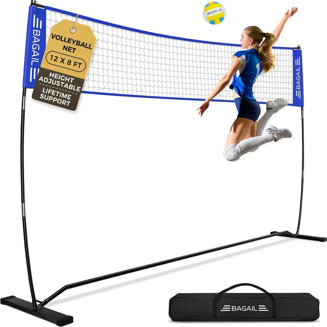 BAGAIL Volleyball Net, 12ft Portable Volleyball Net for Backyard - Adjustable Height, Heavy-Duty Frame, Freestanding Design - Portable Outdoor/ Indoor Volleyball Set with Carry Bag - Blue