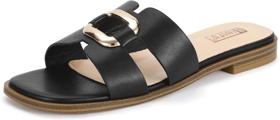 IDIFU Women's Flat Sandals Square Open Toe Slip On Comfortable Dressy Cute Trendy Casual Fancy Slide Sandals for Women Ladies Bridal Summer Beach Work Office Wedding Flat Sandals (8.5, Black Pu)