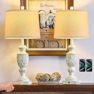 26.5" Farmhouse Table Lamp Set of 2, 3-Way Dimmable Touch Control Vintage Rustic Side Table Nightstand Lamps for Bedroom Living Room Study Room (Whitewashed Gold)