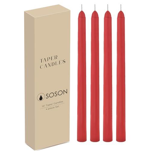 Simply Soson Red Taper Candles 10 inch Dripless, Set of 4, Dripless Taper Candle Sticks, Tall Candlesticks Long Burning Perfect for Dinner, Wedding, Party or Christmas Tapered Candles Decor