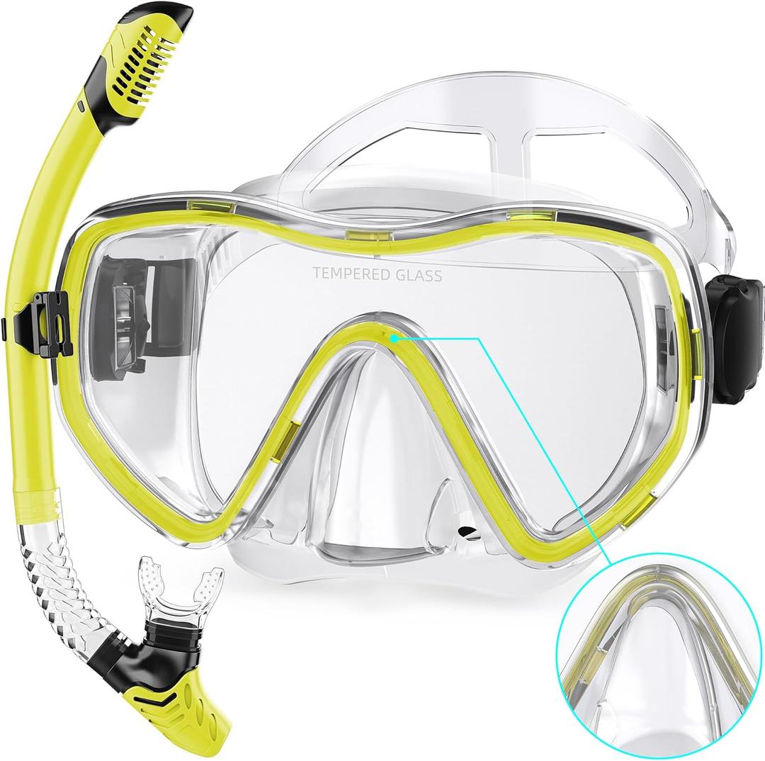 Snorkeling Gear for Adults, Dry Snorkel Set 180 Panoramic Wide View Anti-Fog Scuba Diving Mask, Professional Snorkel Gear for Free Breathing, Swimming, Diving