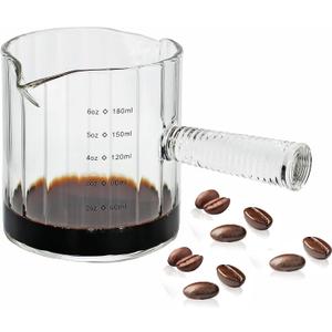 Glass Espresso Cup 6 OZ, Double Shots Measuring Cup with Glass Handle for Dishwasher Safe, Double V-Shaped Spout Milk Frothing Pitcher, Espresso Accessories for Machine, Demitasse Cups