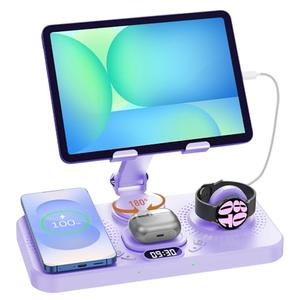 30W Magnetic Wireless Charger for Samsung Foldable Android Mag-Safe Charging Station for Galaxy Tab with Clock &7 Color Light, Watch Charger for S25 Ultra, for Samsung Watch8, Galaxy Buds3 Pro(Purple