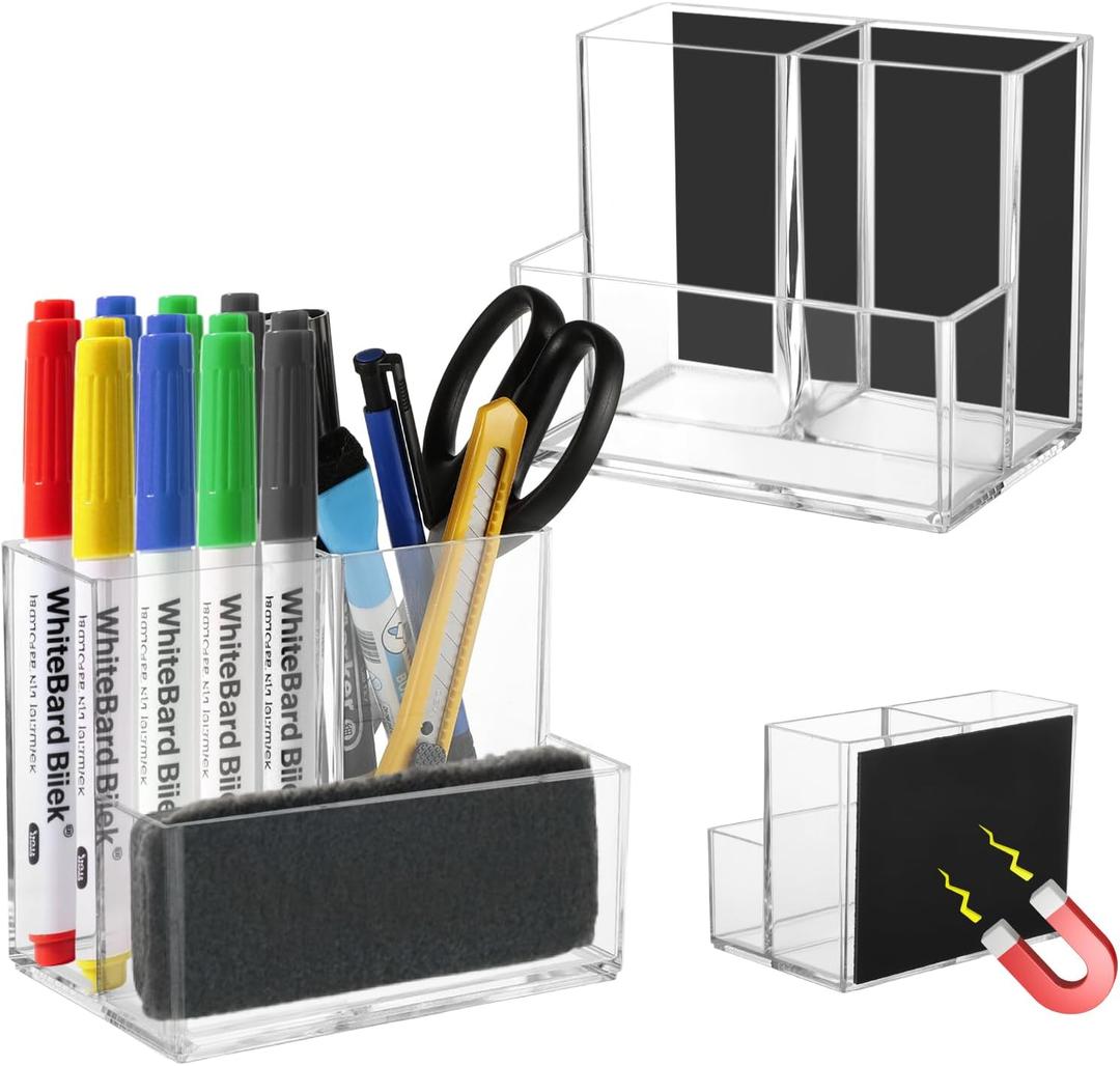 Rainmae 2 Pack Magnetic Pen Holder, Acrylic Magnetic Dry Erase Marker Holder, Whiteboard Marker Holder, magnetic Marker Pen Pencil Organizer for Refrigerator Whiteboard Office School