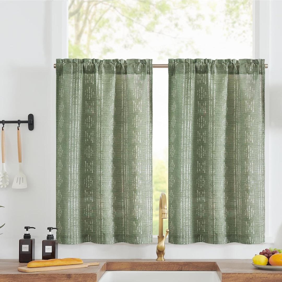 jinchan Boho Kitchen Curtains Linen Tier Curtains 36 Inches Bohemian Cafe Small Drapes Gray Striped Mudcloth Farmhouse for Bathroom RV Camper Light Filtering Rod Pocket 2 Panels Sage Green