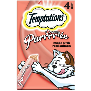 Temptations Creamy Puree Squeezable Lickable Cat Treats, Wet Cat Treats with Salmon, 0.42 oz. Tubes, 4 Count, BB 03/14/26