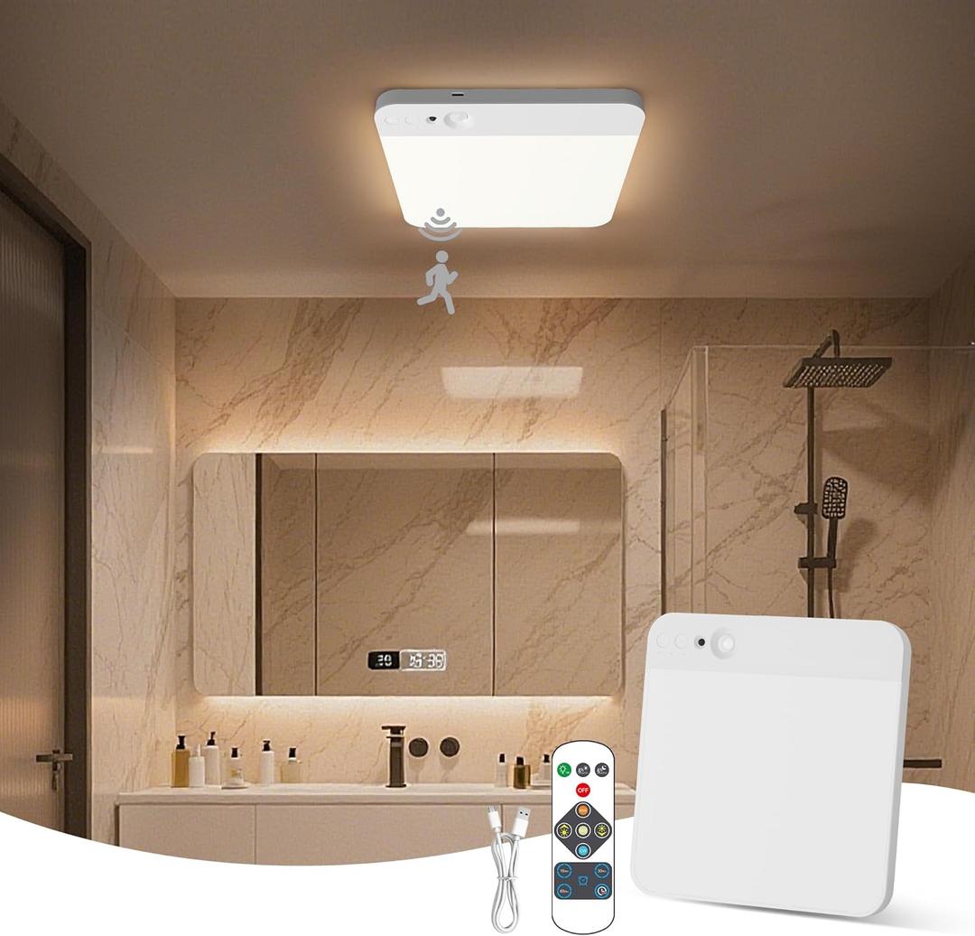 KINDEEP Motion Sensor Ceiling Light: Wireless Closet Light Battery Operated, Cordless Overhead Shower Light for Bathroom, Garage, Hallway, 3 Color Temperatures Dimmable, White Shade 1Pack