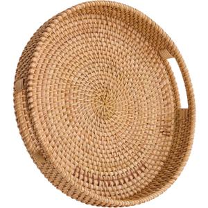 Round Rattan Serving Tray, Hand-Woven Tray with Handles, Ottoman Decorative Coffee Table Tray, Wicker Storage Basket for Tea, Fruit, Bread (Natural, 13.5")