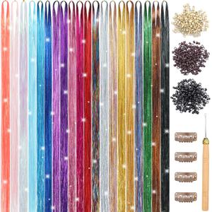 Hair Tinsel, 20 Colors 8800 Strands Fairy Hair Tinsel Heat Resistant 48 Inches Glitter Tinsel Hair Extensions Highlights Sparkling Hair Tinsel Kit for Girls Women Hair Accessories Party Festival
