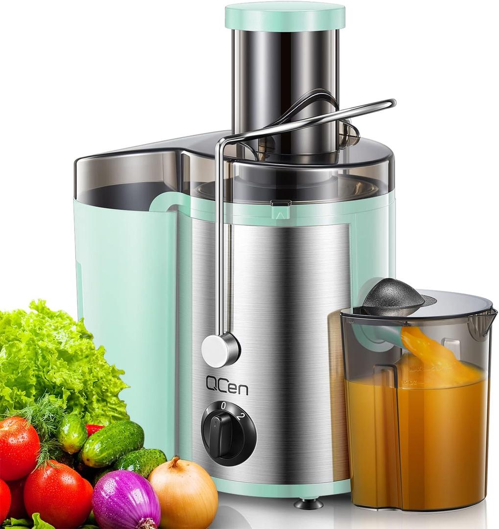 QCen Juicer Machine, 500W Centrifugal Juicer Extractor with Wide Mouth 3 Feed Chute for Fruit Vegetable, Easy to Clean, Stainless Steel, BPA-free (Aqua)
