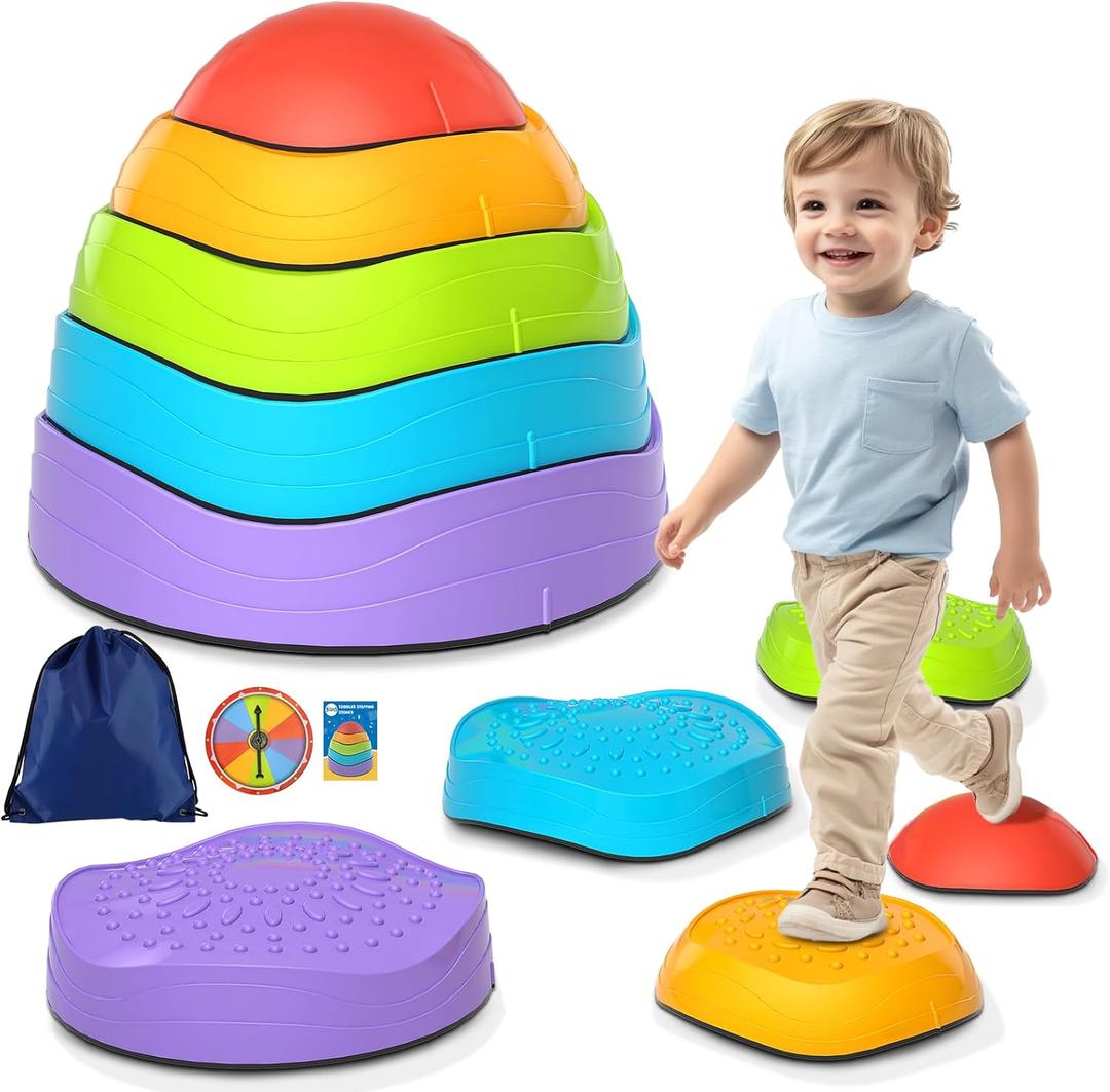 Balance Stepping Stones for Kids, Non-Slip Sensory Stepping Stones with Storage Bag to Enhance Balance, Sensory Coordination, Gift for Toddler Ages 3 4 5 6 7 8 Years, Indoor and Outdoor Play (5 Pcs)