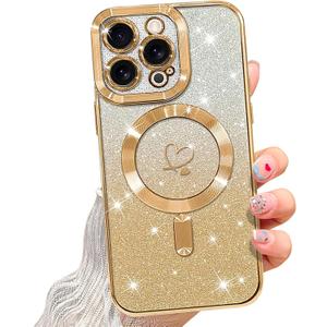 NITITOP Compatible with iPhone 13 Pro Max Case Cute Clear Glitter [Compatible for MagSafe] Plating Heart Sparkle Bling Magnetic Girl Women Electroplated Frame Camera Protection Back Cover - Gold