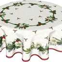Merry Christmas Green Flower Wreath Tablecloth Round 60 Inch, Winter White Floral Polyester Circle Table Cloth Wrinkle Stain Resistant Washable Table Cover for Kitchen Room Party Picnic