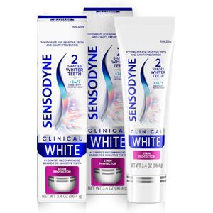 Sensodyne Clinical White Toothpaste Clinically Proven Whitening for Sensitive Teeth, Stain Protector, 3.4 oz x 2