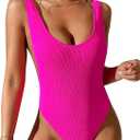 90s Trend One Piece Swimsuit Low Cut Sides Wide Straps High Legs for Women (Small, Hot Pink Crinkle)
