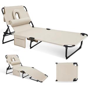 3-in-1 Sun Tanning Chair with Face Holes, Folding Chaise Lounge Chairs, 5-Position Adjustable Lounge Chair Outdoor with 2 Side Pocket & Pillow, for Pool Beach, Patio, Camping, Beige