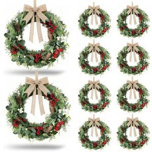 8 PCS Christmas Mini Cabinet Wreath for Kitchen with Ribbon Artificial Eucalyptus Cedar Hanging Garland with Red Whilt Berries Pine Cones for Swag Table Centerpiece Door Window Chair Wall Winter Decor