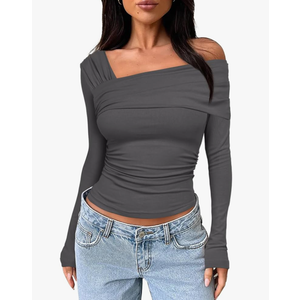 Darong Women's One Off Shoulder Long Sleeve Tops Ruched Going Out Crop Shirts Slim Fit Y2K Tee Blouse, XL