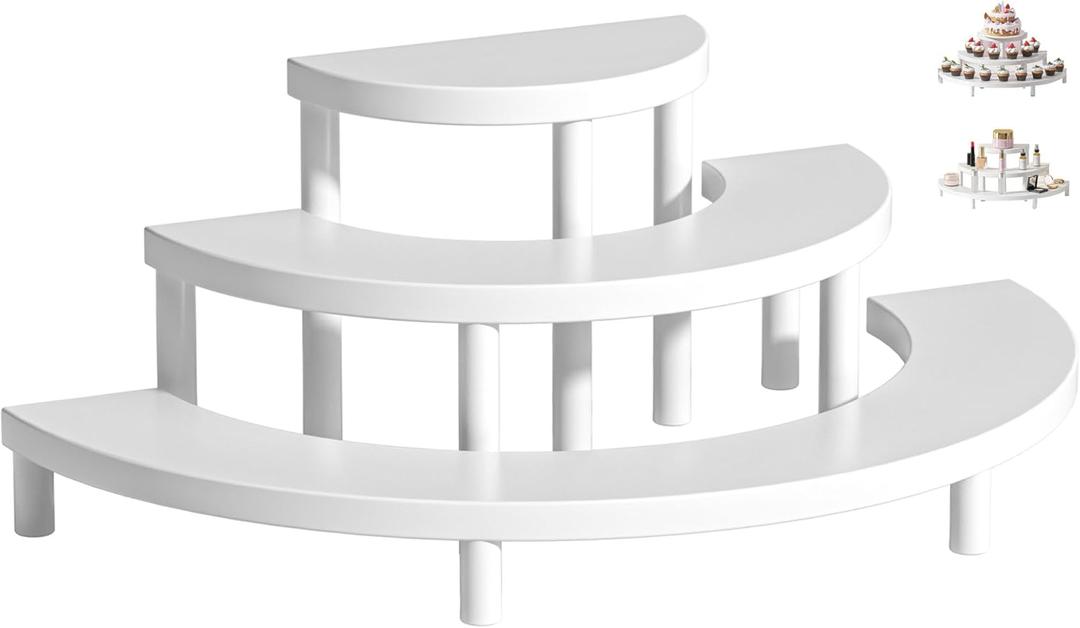 3-Tier Wooden Display Risers, Rustic Cupcake Stand, Perfume Organizer, Dessert Table Display Set for Party & Home Decor (White)