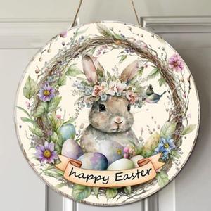 Easter Wreaths,SWEKKE Easter Wreath for Front Door, Wooden Easter Bunny Egg Decor Door Sign Wreath 12 Inch, Easter Welcome Door Sign Happy Easter Decorations, Easter Flower Rabbit Welcome Door Sign (Green,gray)
