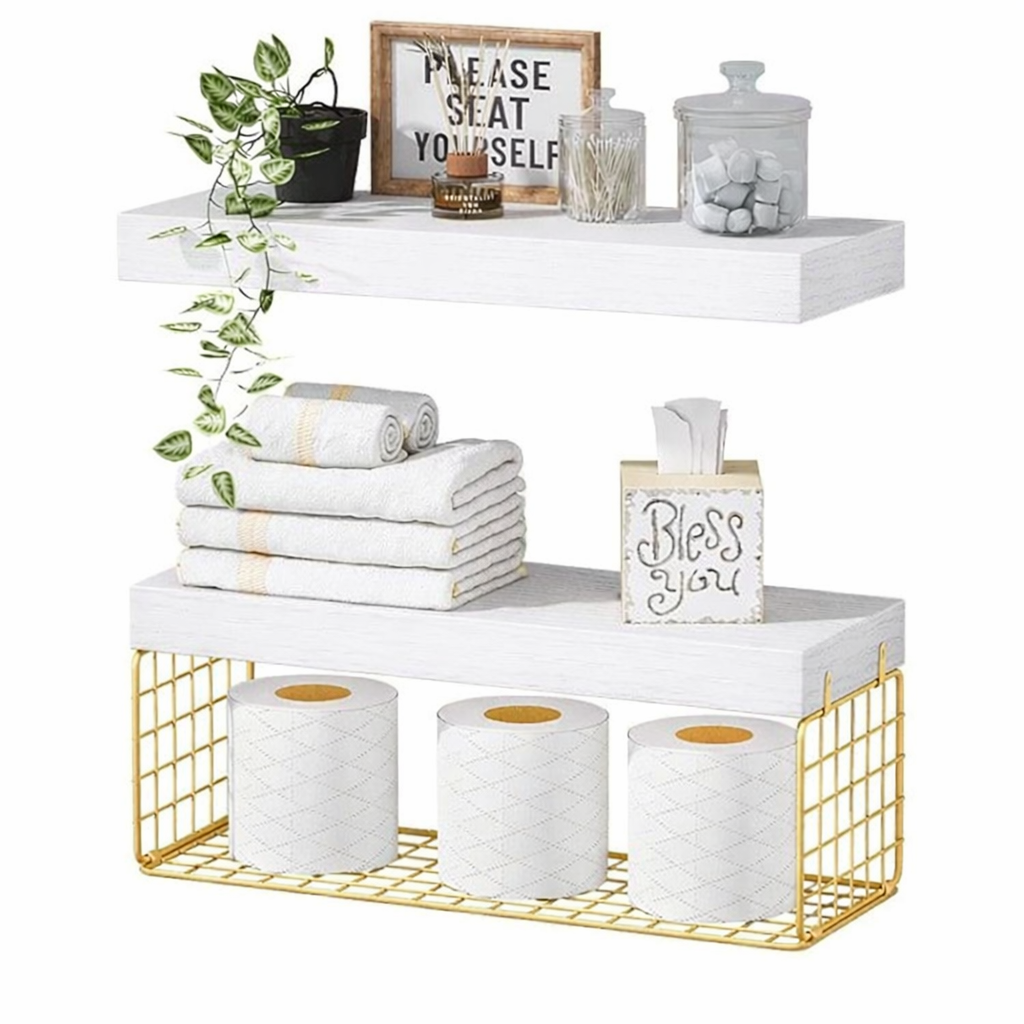 QEEIG White Bathroom Shelves Over Toilet - Wall Mounted Floating Shelves Farmhouse Shelf Toilet Paper Storage Small 16 inch Set of 2 (019-W2)