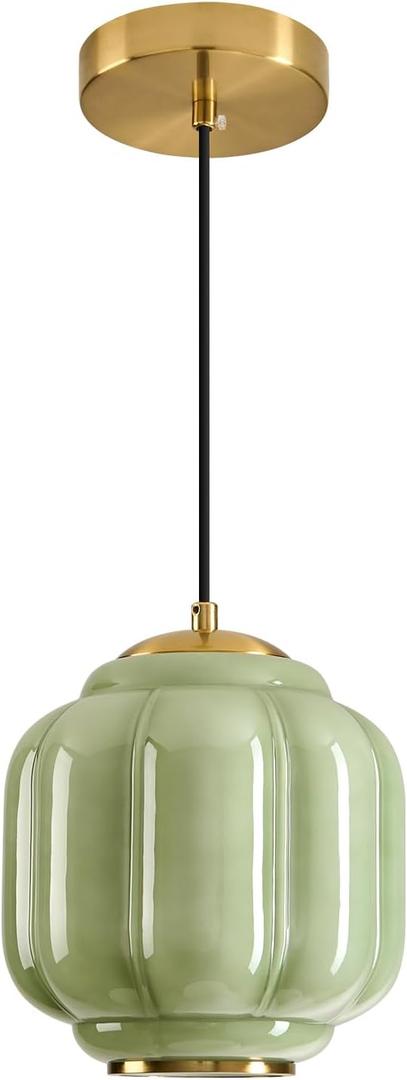 7" Vintage Green Glass Pendant Light, Brushed Brass Ceiling Fixture