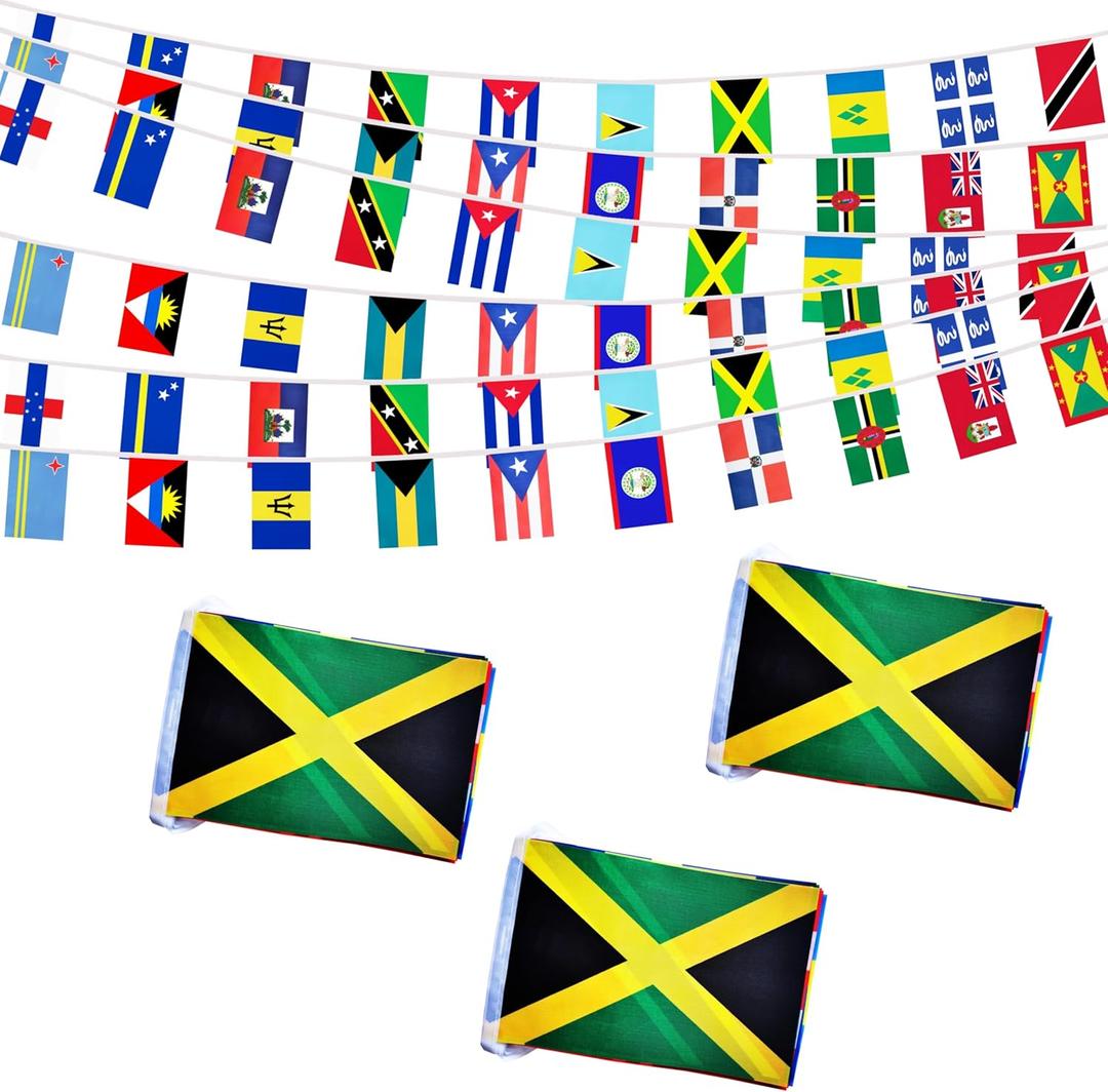 3 Pack 20 Caribbean Countries Small String Flags, 90 Feet 60 Pcs Caribbean Nations Pennant Banner Bunting Flags, International Festival, Commemoration,Caribbean Carnival Decorations (3 Pack)