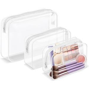 3 Pack Clear Makeup Bags, Waterproof Toiletry Bag with Zipper, Transparent Travel Cosmetic Bag, TSA Approved Clear Organizer Bags, PVC Cosmetic Pouch Case for Vacation Airport Airline Compliant