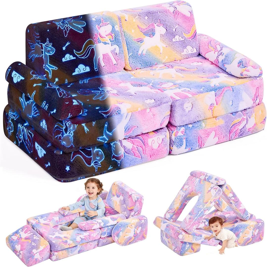 IFNOW Modular Kids Play Couch, Convertible & Washable Toddler Foam Couch Kids Sofa, Bedroom & Playroom Furniture for Children 1-5 Years, Imagination Play, Endless Builds, Glow in The Dark, Unicorn, Small