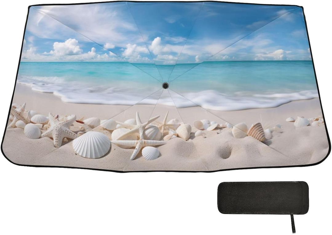Umbrella Car Windshield Sunshade,Beach Starfish Seashell Reflective Sun Visor Shade,Foldable,Protect Interior & Keep Cool,Suitable Most Vehicles,55" x 27.5"